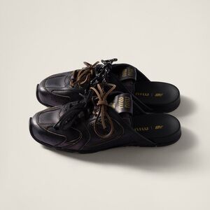 Miu Miu Black Leather Slip-On Loafer-Sneaker with Brown Lace Accents